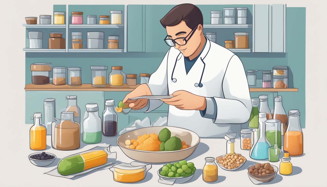 A food scientist adding maltitol to a recipe, surrounded by various food ingredients and packaging materials