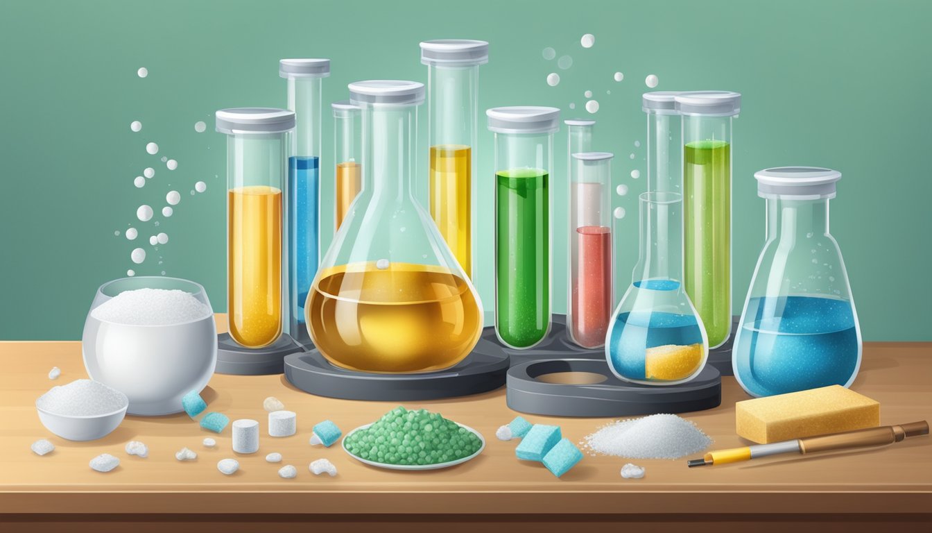 A lab table with various sweeteners in powder and liquid form, surrounded by test tubes, beakers, and scientific equipment for comparative analysis