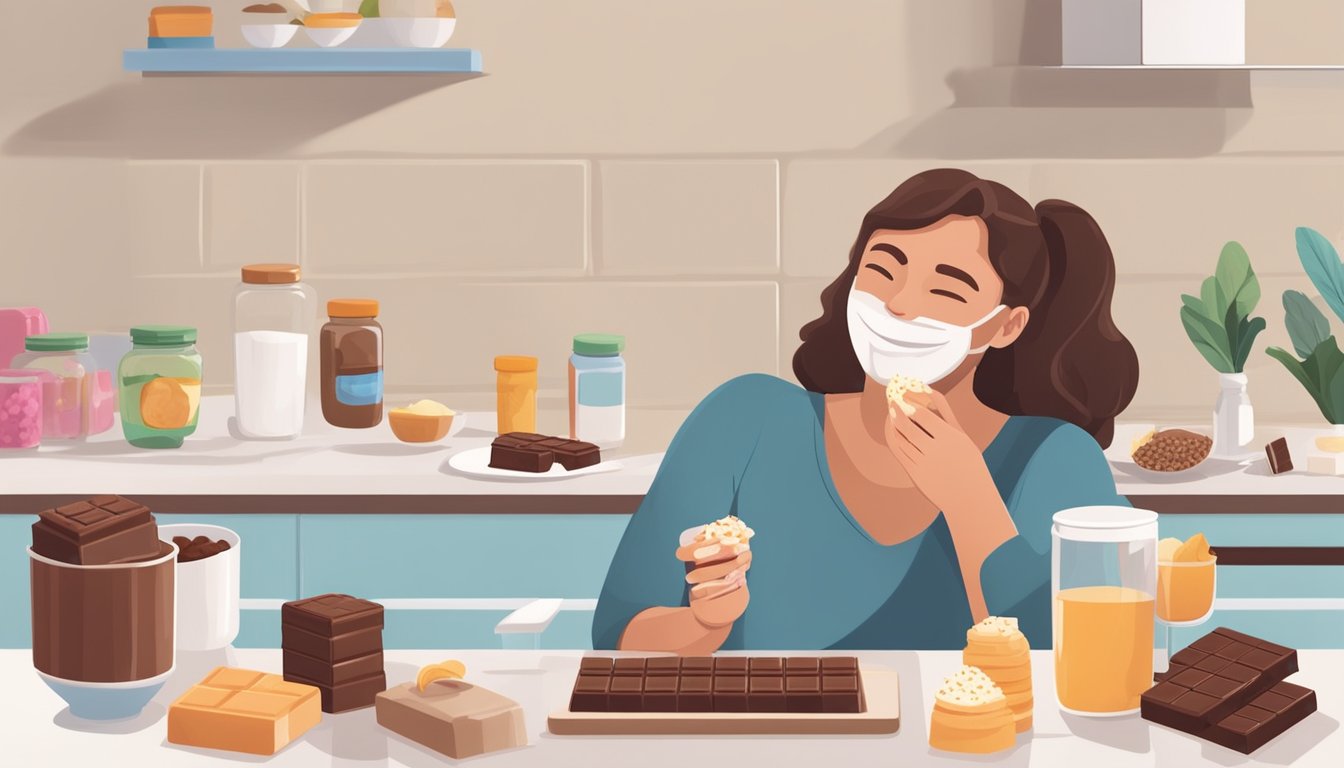 A diabetic person happily eating a chocolate bar sweetened with maltitol, surrounded by various sugar-free products on a kitchen counter