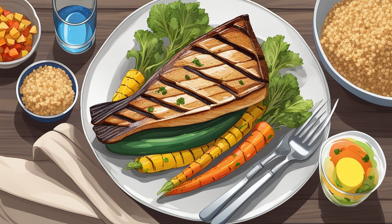 A plate with a grilled marlin steak, surrounded by colorful vegetables and a side of quinoa, with a glass of water on the side