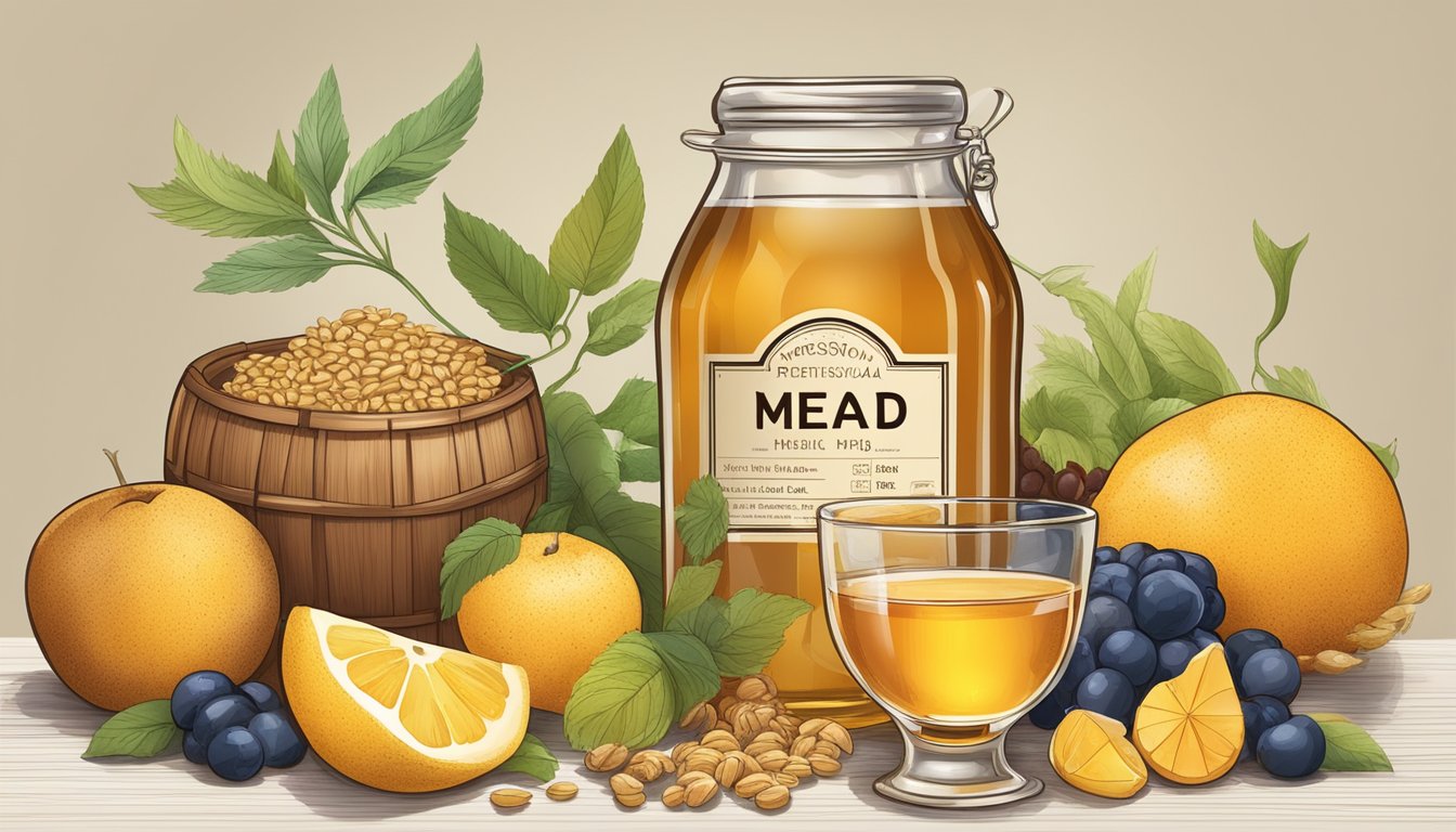 A glass of mead surrounded by various fruits, honey, and grains, with a nutrition label displayed next to it