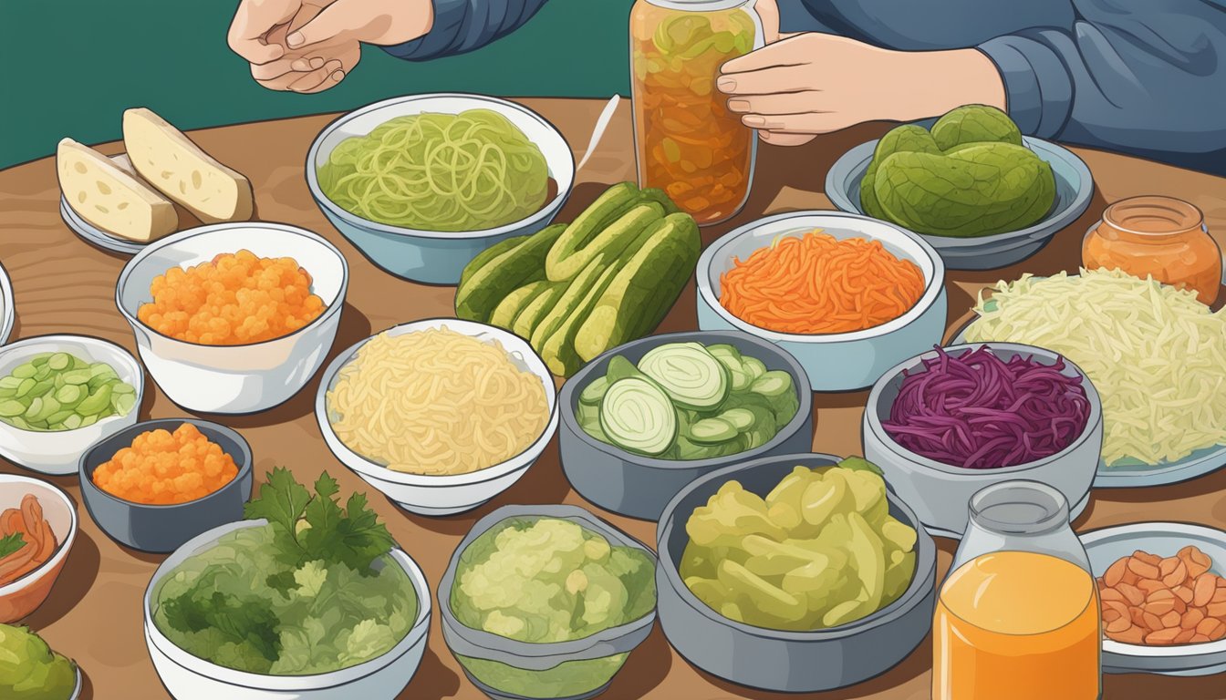 A table filled with various malolacto fermented foods, such as sauerkraut, kimchi, and pickles, with a person with diabetes enjoying a meal