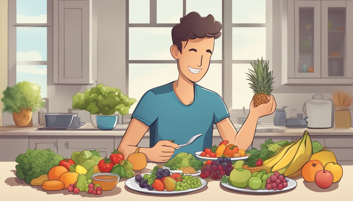 A diabetic person enjoying a plate of balanced diet with a variety of fruits, vegetables, lean proteins, and whole grains, while avoiding mead