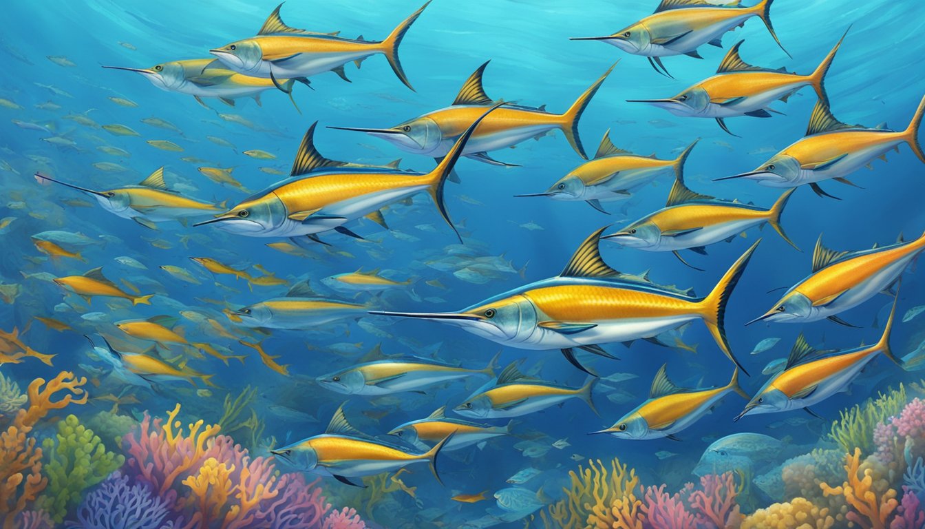 A colorful marlin swimming in a clear blue ocean, surrounded by schools of smaller fish