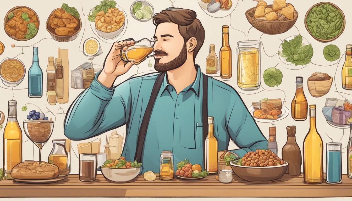 A diabetic person enjoying a glass of mead while surrounded by various food options, with arrows pointing to the effects of each choice on blood sugar levels