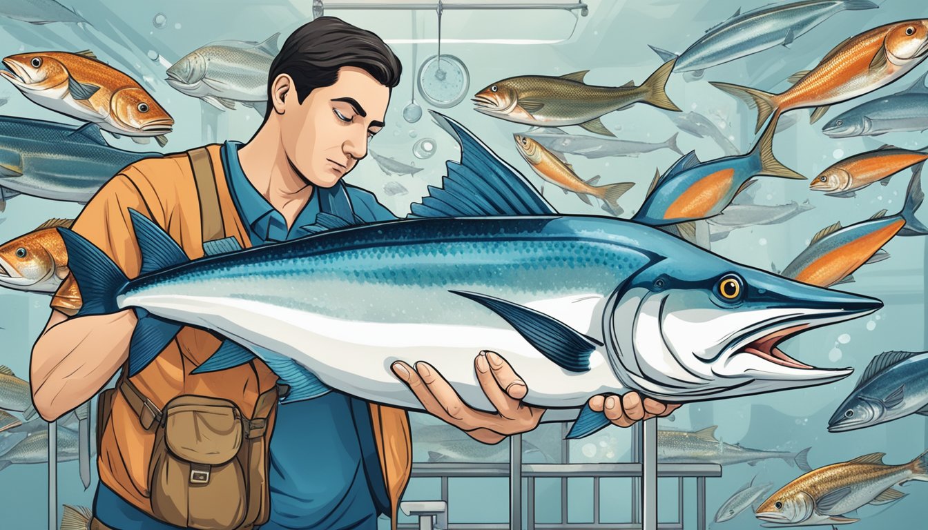 A diabetic person cautiously examining a marlin fish with a concerned expression, surrounded by seafood and mercury warning signs