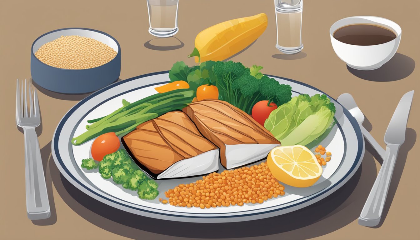 A plate with a balanced meal including marlin, vegetables, and whole grains on a dining table