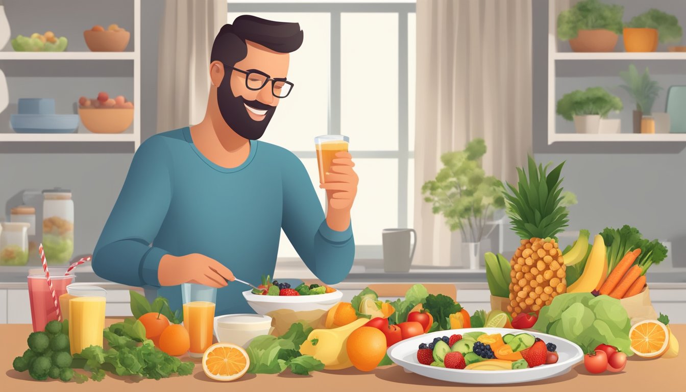 A diabetic person enjoying a balanced meal with fruits, vegetables, lean protein, and whole grains, while avoiding sugary drinks and excessive alcohol