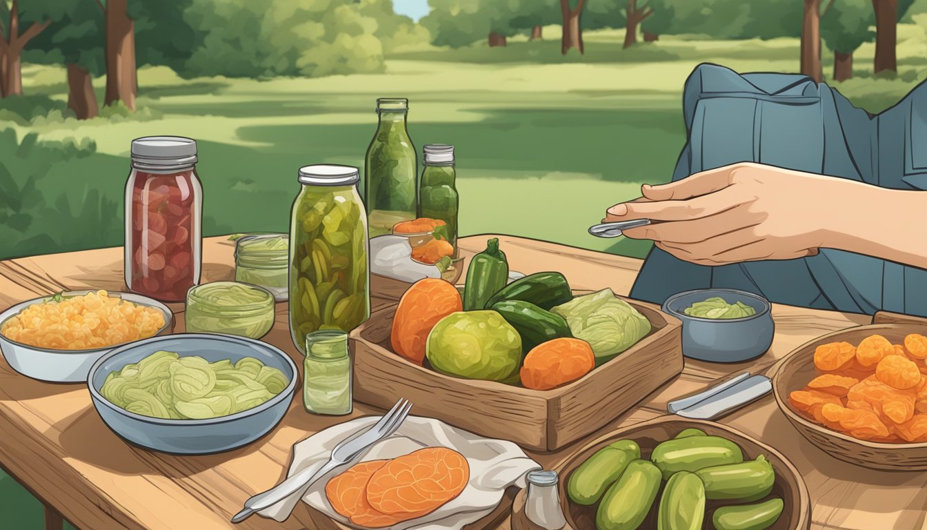 A diabetic person enjoying a variety of malolacto-fermented foods, such as pickles, sauerkraut, and kimchi, on a picnic table