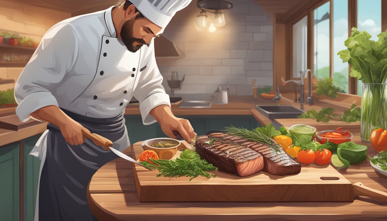 A chef grilling marlin steaks with a variety of fresh herbs and vegetables on a wooden cutting board