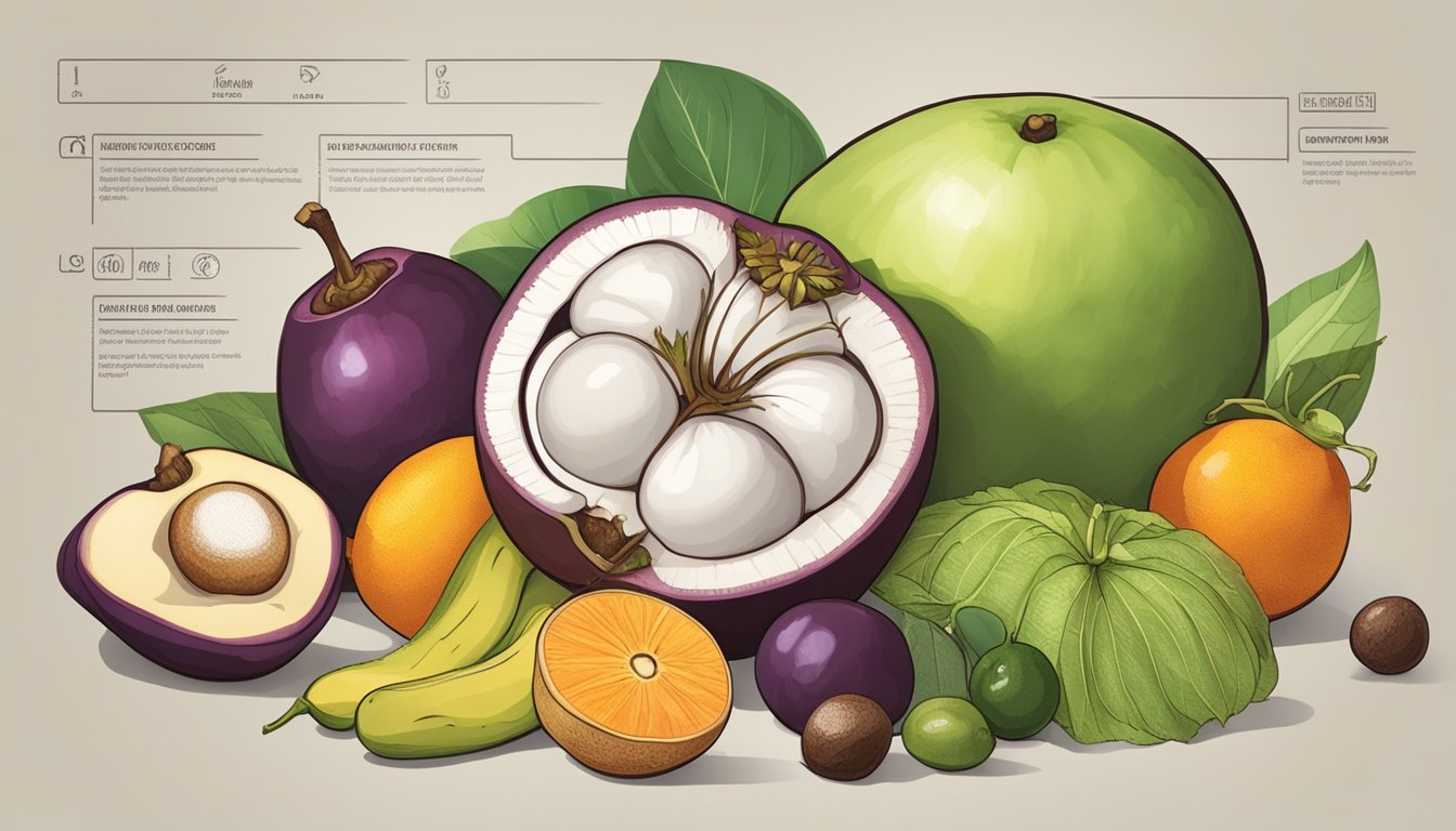 A mangosteen surrounded by a variety of fruits and vegetables, with a nutrition label showing the fruit's low glycemic index