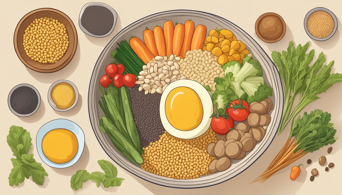 A bowl of cooked millet surrounded by various diabetes-friendly foods like vegetables and lean protein