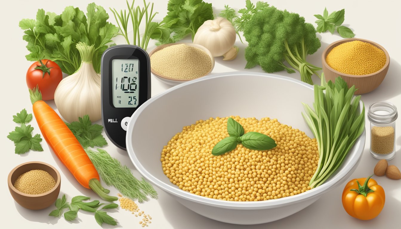 A bowl of cooked millet surrounded by various ingredients like vegetables and herbs, with a glucometer showing a normal blood sugar level in the background