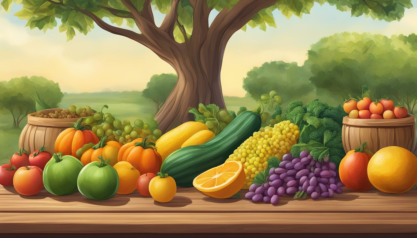 A colorful array of fruits, vegetables, and legumes on a wooden table, with a mesquite tree in the background