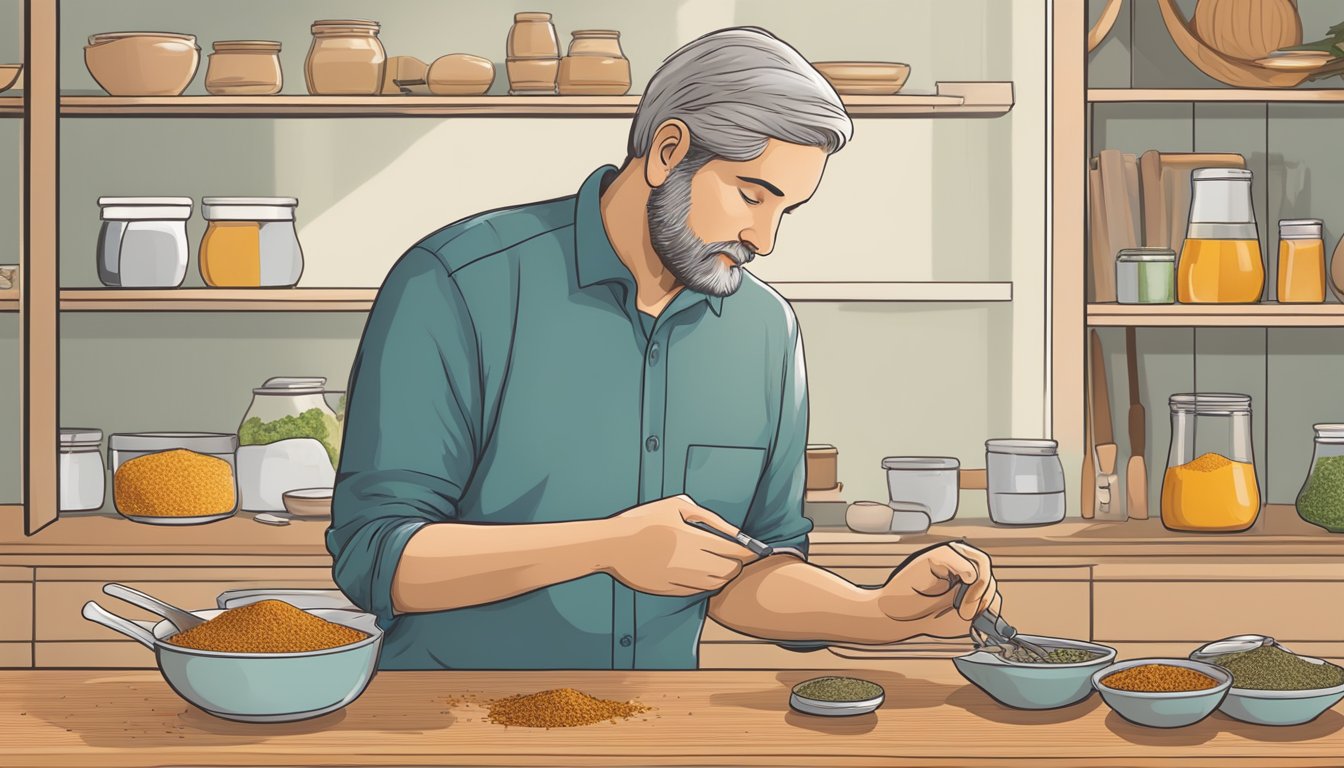 A diabetic carefully measuring mesquite seasoning for a balanced meal plan