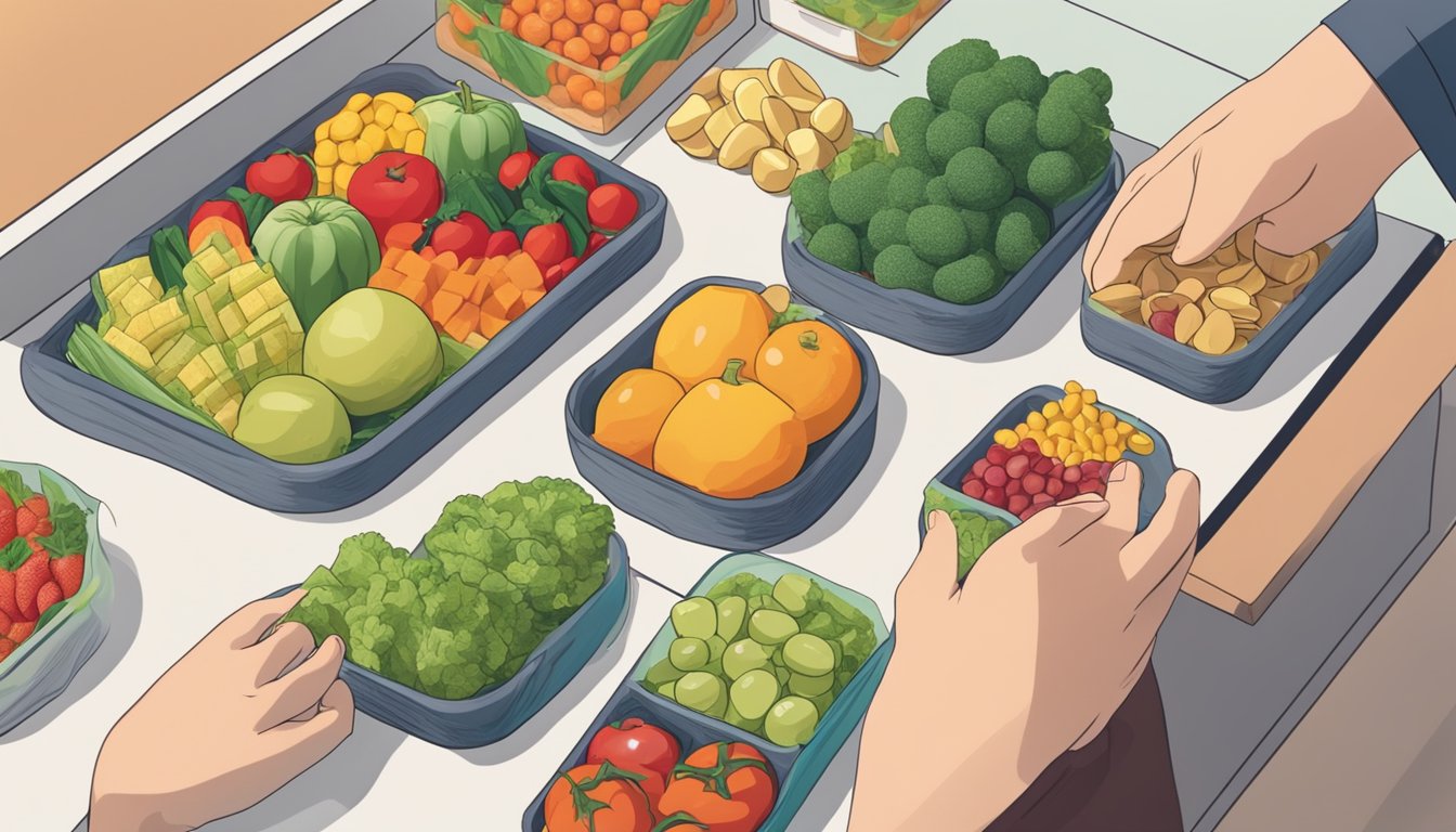 A table with fresh fruits and vegetables on one side, and packaged processed snacks on the other. A person with diabetes reaching for a piece of fruit