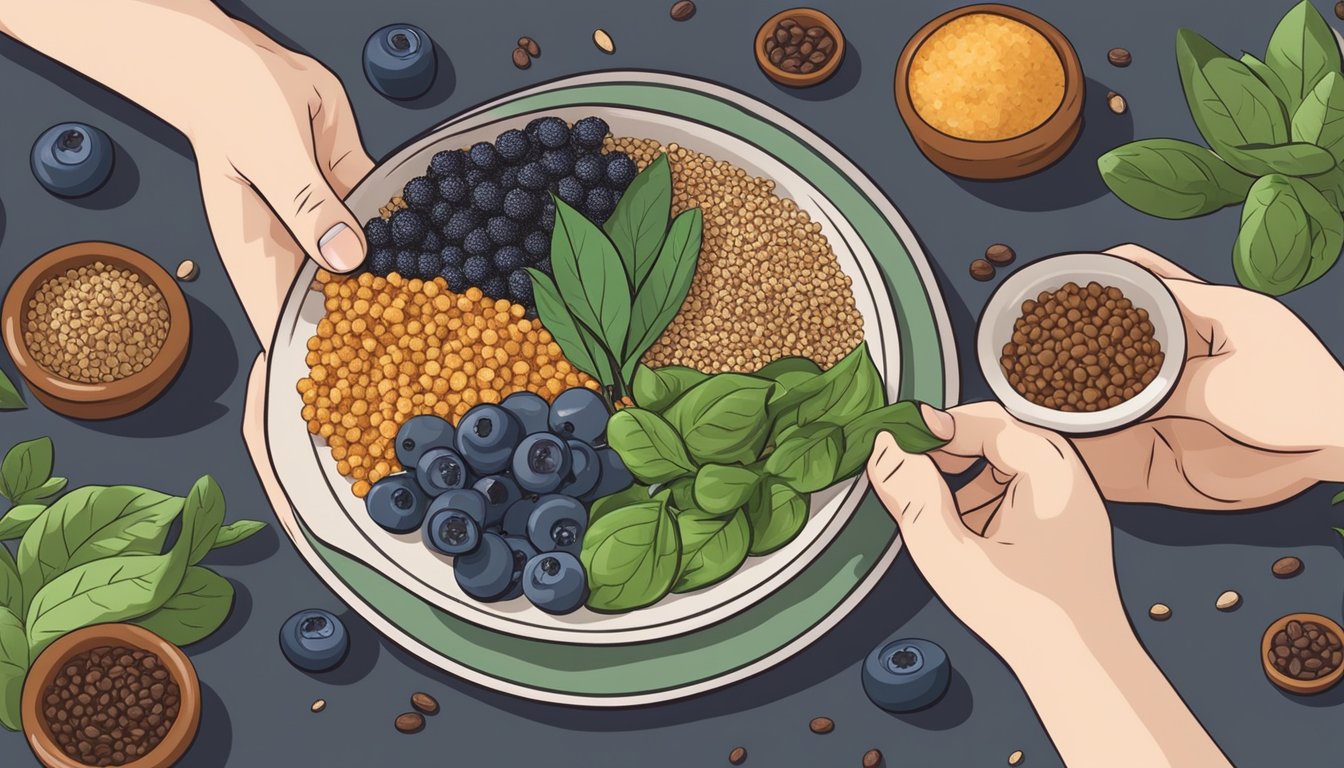 A diabetic person holding a plate of mesquite pods surrounded by various superfoods like blueberries, spinach, and quinoa