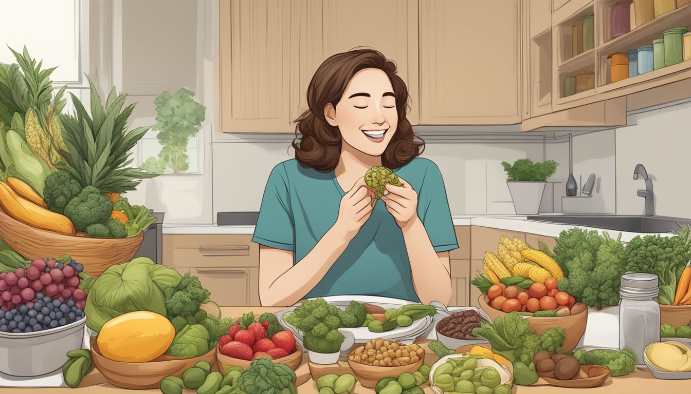 A diabetic person happily eating a mesquite pod while surrounded by a variety of healthy foods and a medical professional nodding in approval