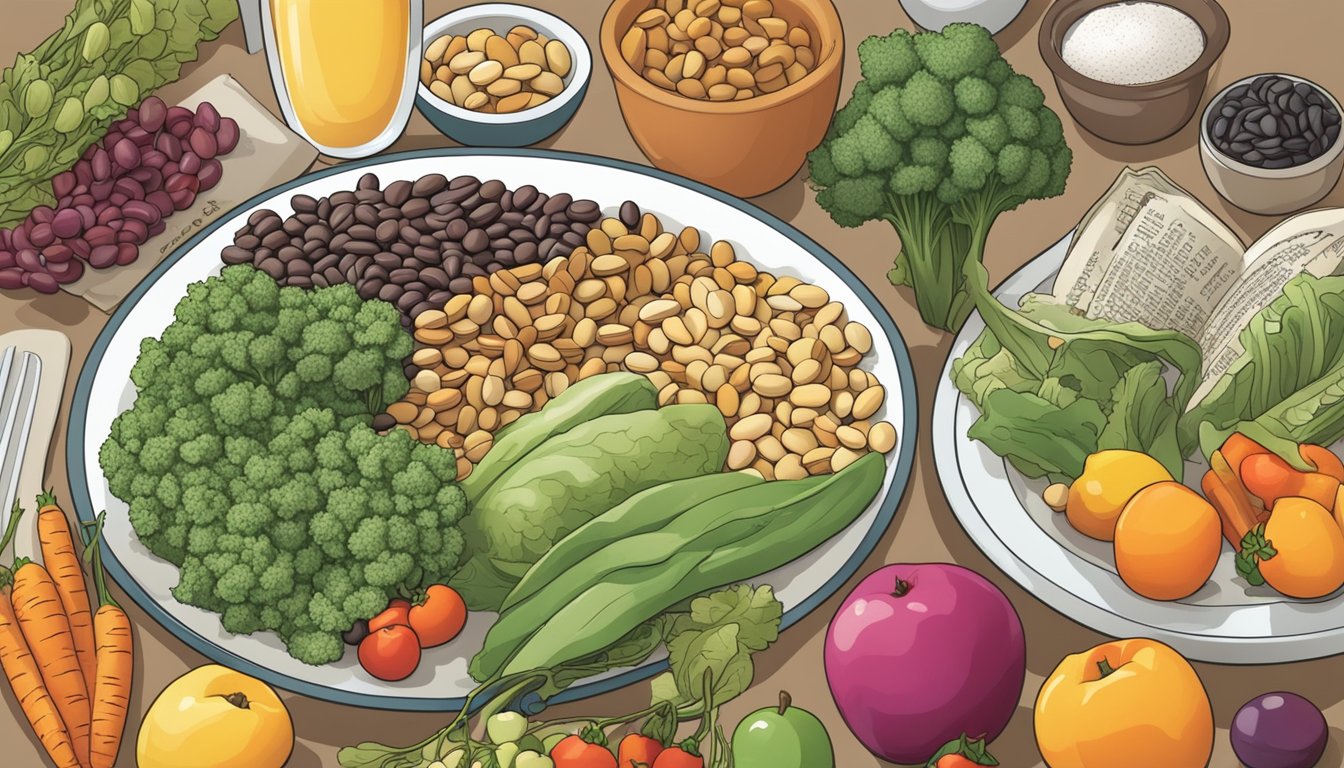 A plate of mayocoba beans surrounded by various fruits and vegetables, with a diabetes education book open to a page about nutritional needs