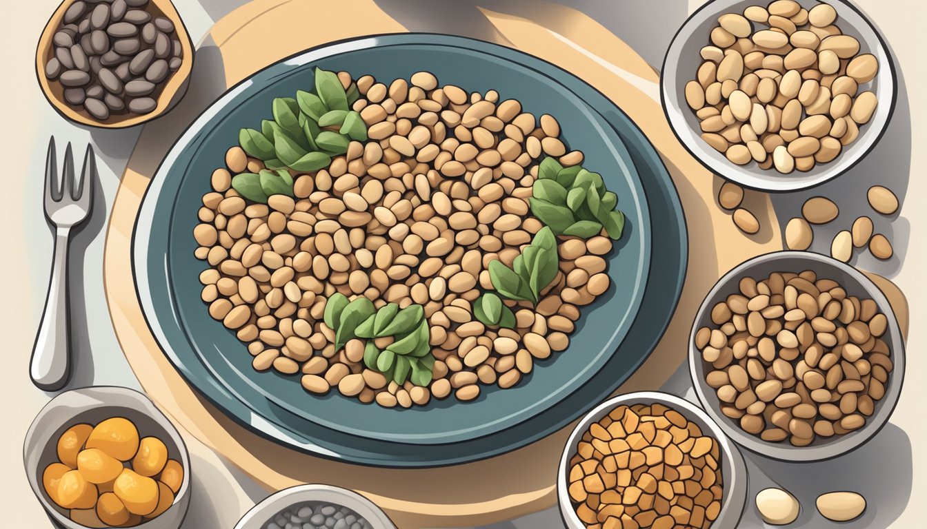 A plate of mayocoba beans with a nutrition label, surrounded by various diabetic-friendly foods