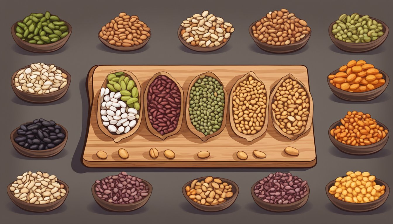 A variety of beans arranged on a cutting board, including mayocoba beans, with a diabetic-friendly label