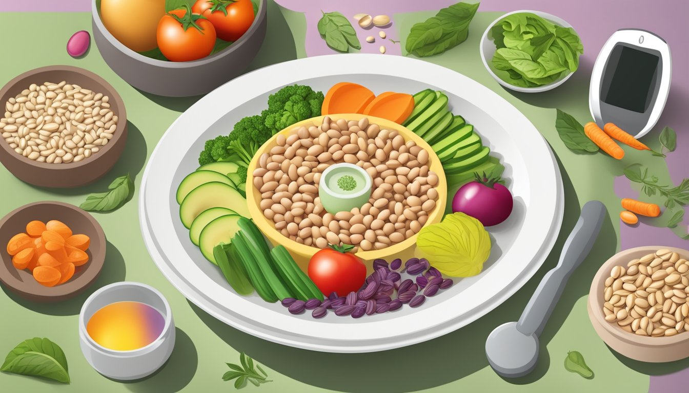 A colorful plate with mayocoba beans, vegetables, and lean protein, surrounded by a measuring cup, blood glucose monitor, and diabetes education materials