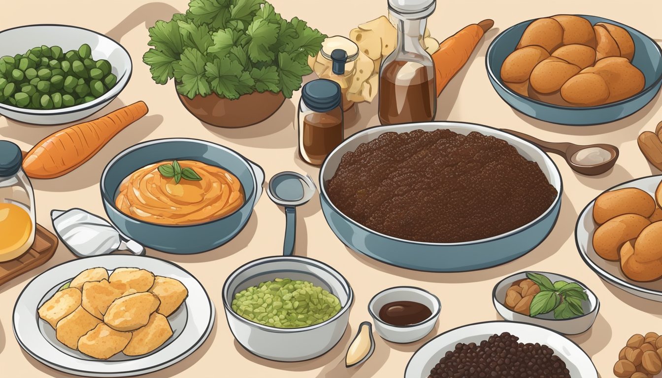 A diabetic-friendly meal being prepared with molasses as an ingredient, surrounded by wholesome foods and cooking utensils