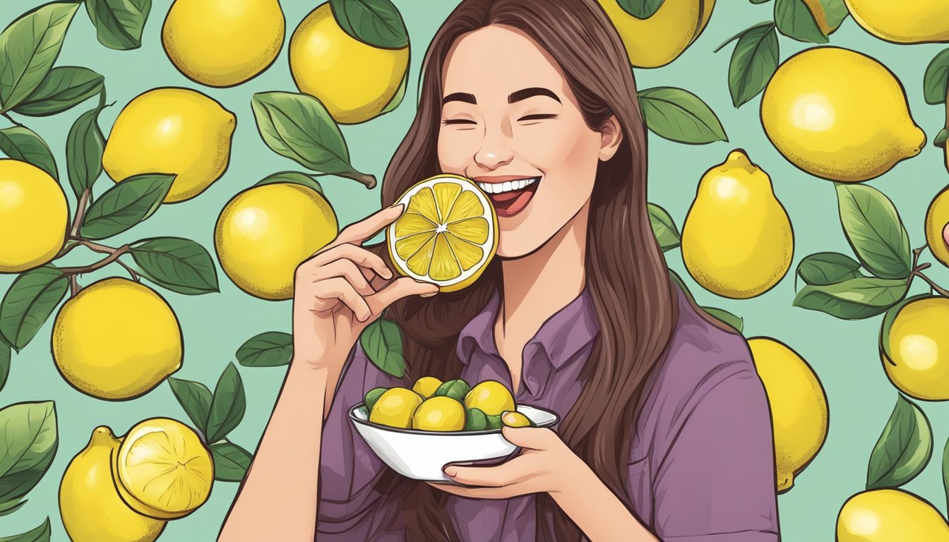 A diabetic person happily eating a miracle fruit and smiling as the sour lemon they are tasting turns sweet on their tongue