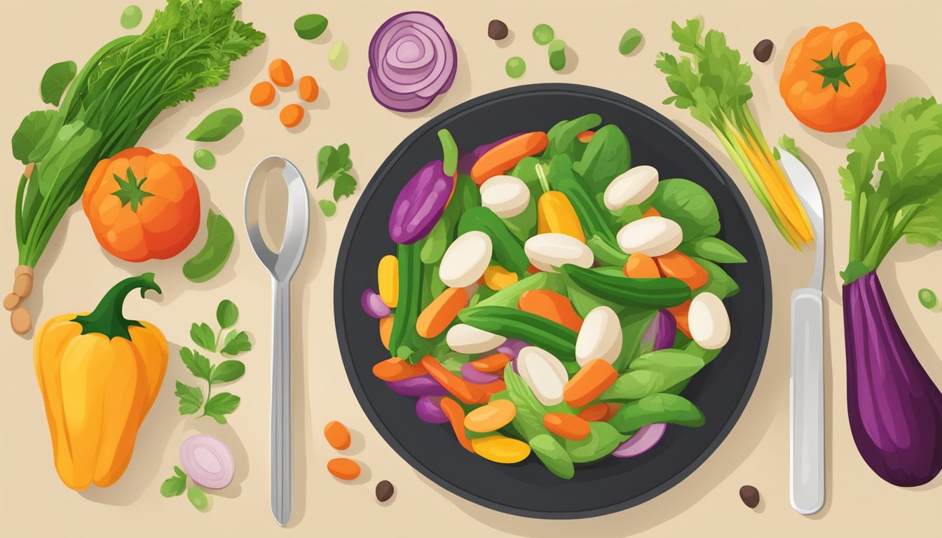 A colorful plate of mayocoba beans surrounded by fresh vegetables and a measuring tape, symbolizing health benefits