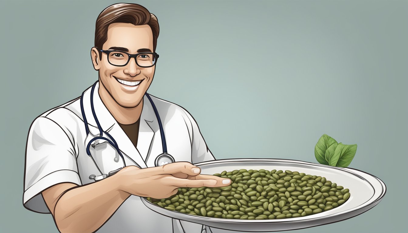 A healthcare professional holding a plate of mayocoba beans, gesturing thumbs up with a smile