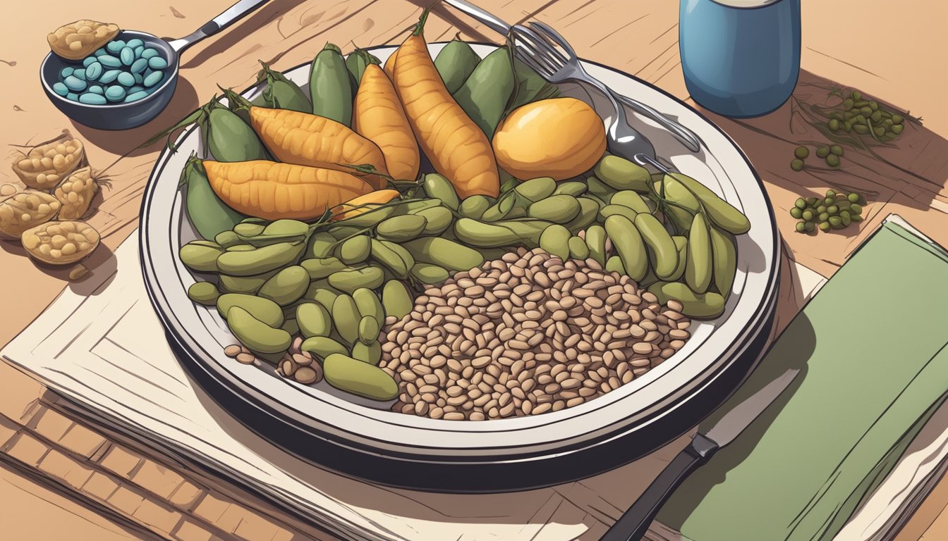 A plate of cooked moth beans surrounded by various food items, with a diabetes education booklet nearby