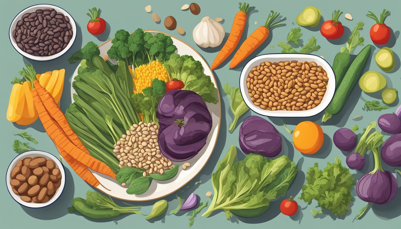 A plate of cooked moth beans surrounded by various colorful vegetables and a measuring tape to represent the nutritional profile