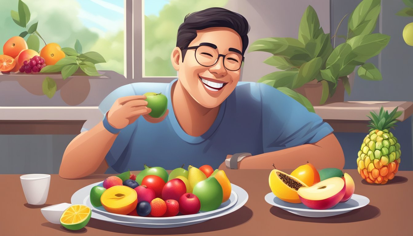 A diabetic person enjoying a plate of assorted fruits, including a bright red miracle fruit, with a smile on their face