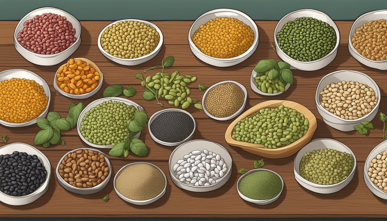 A variety of legumes arranged on a table, including moth beans, with a diabetic-friendly label