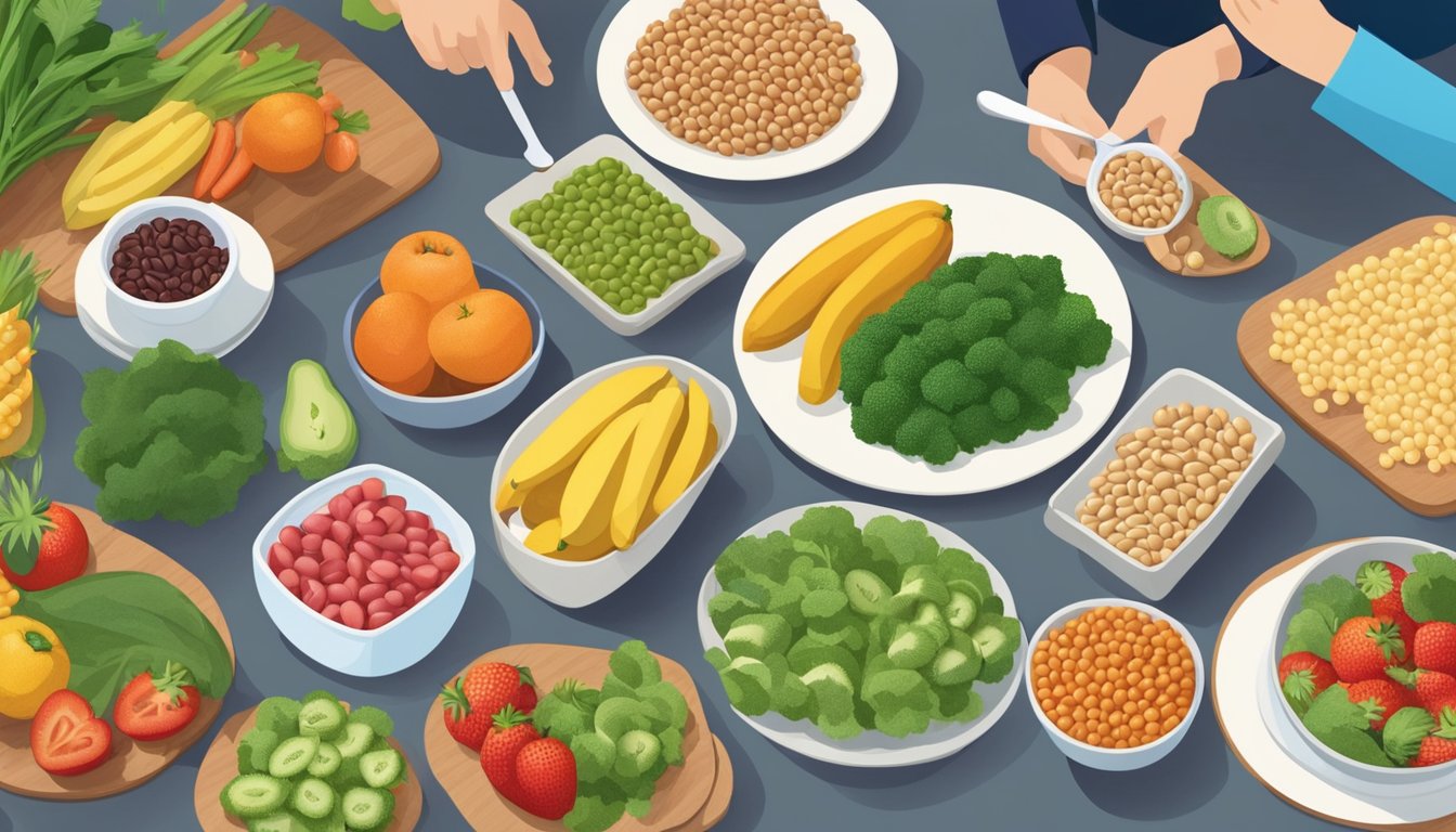 A variety of healthy foods, including moth beans, are laid out on a table with colorful fruits and vegetables. A nutritionist is pointing to the beans while speaking to a group of people