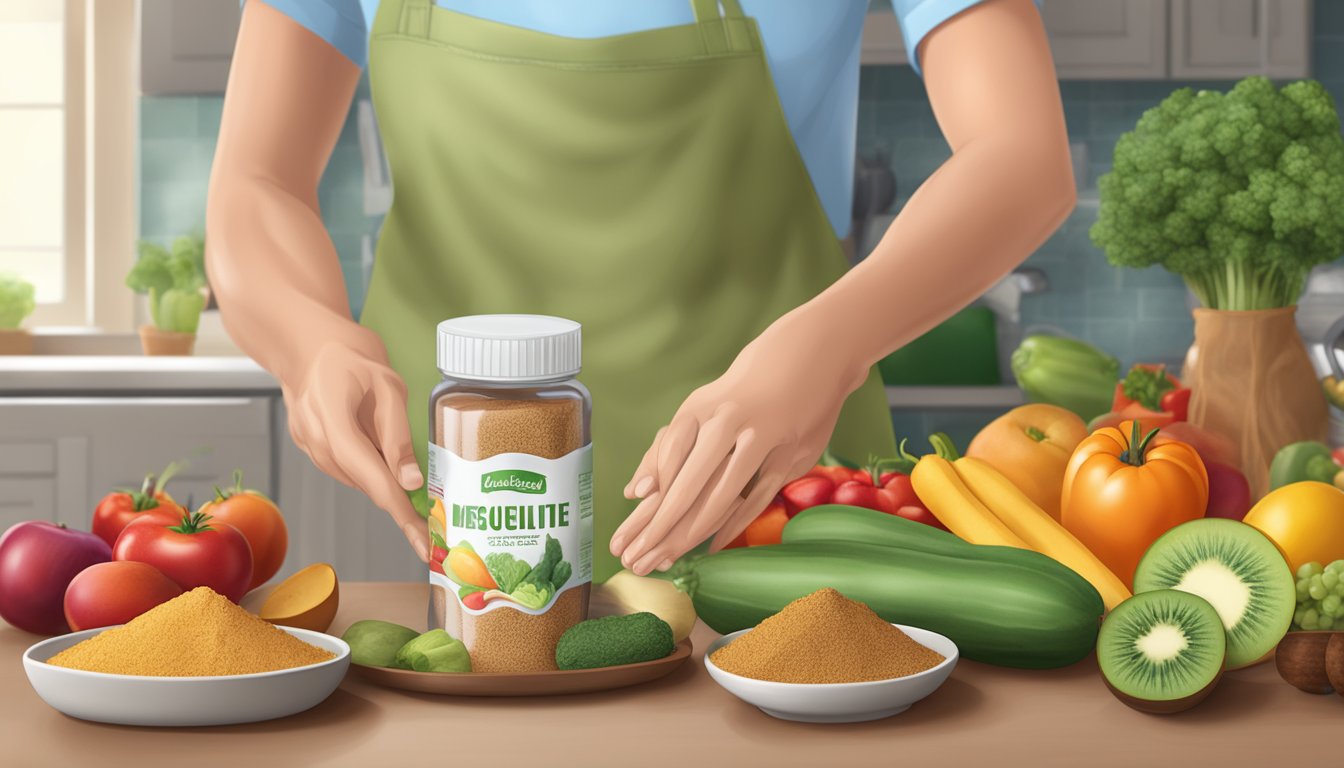 A diabetic person holding a bag of mesquite powder and a variety of fresh fruits and vegetables on a kitchen counter