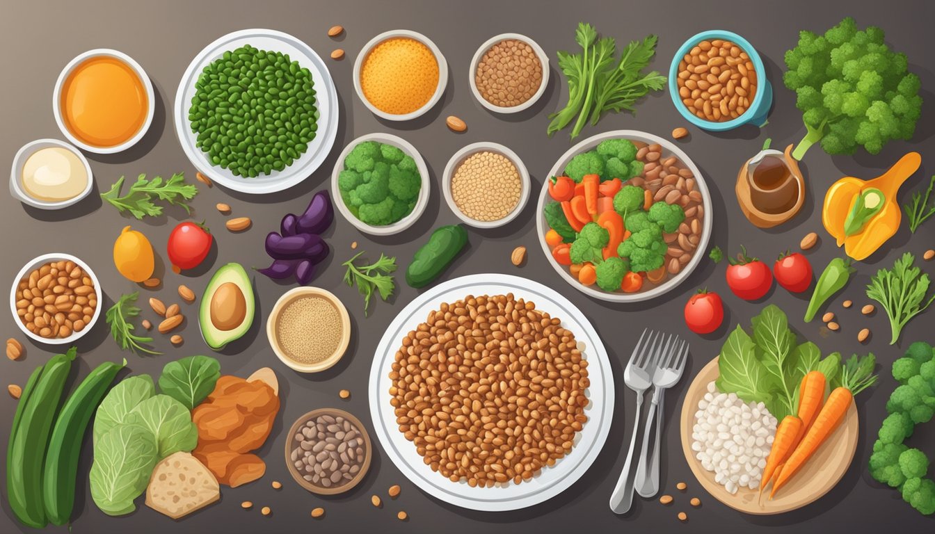 A colorful plate with a variety of diabetic-friendly foods, including a serving of cooked moth beans, surrounded by fresh vegetables and whole grains