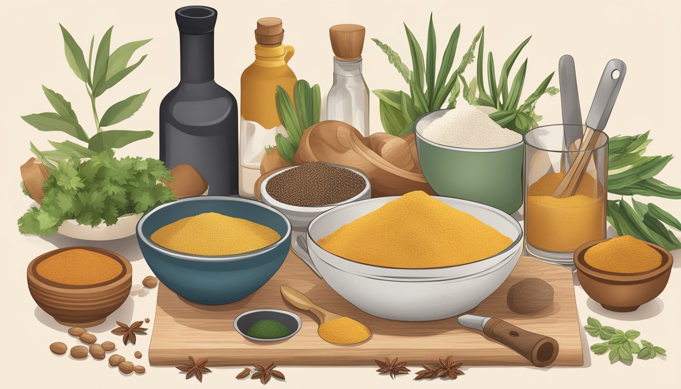 A bowl of mesquite powder being incorporated into a recipe, surrounded by various culinary tools and ingredients