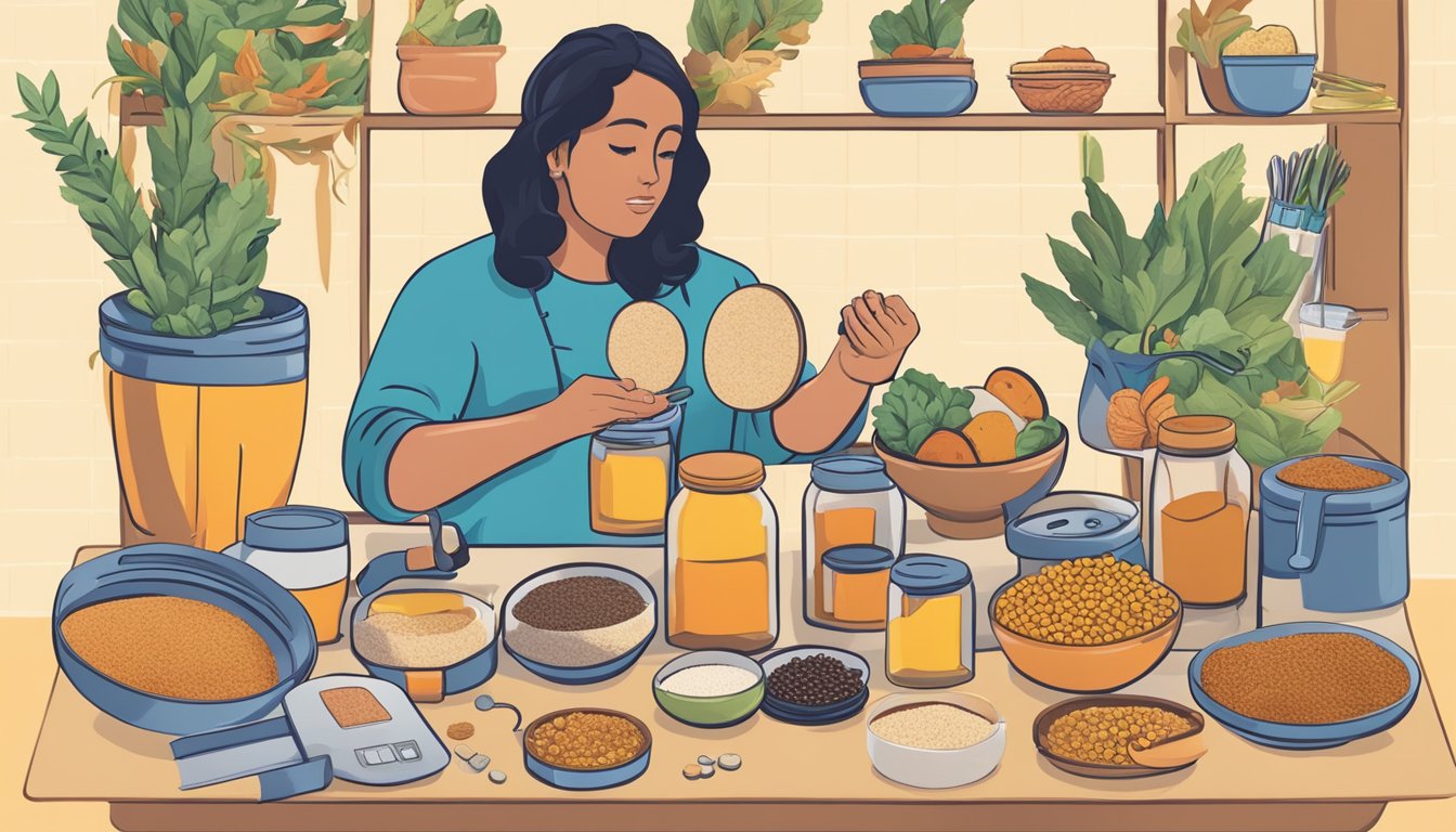 A diabetic holding mesquite powder, surrounded by various food items, with a question mark hovering above their head