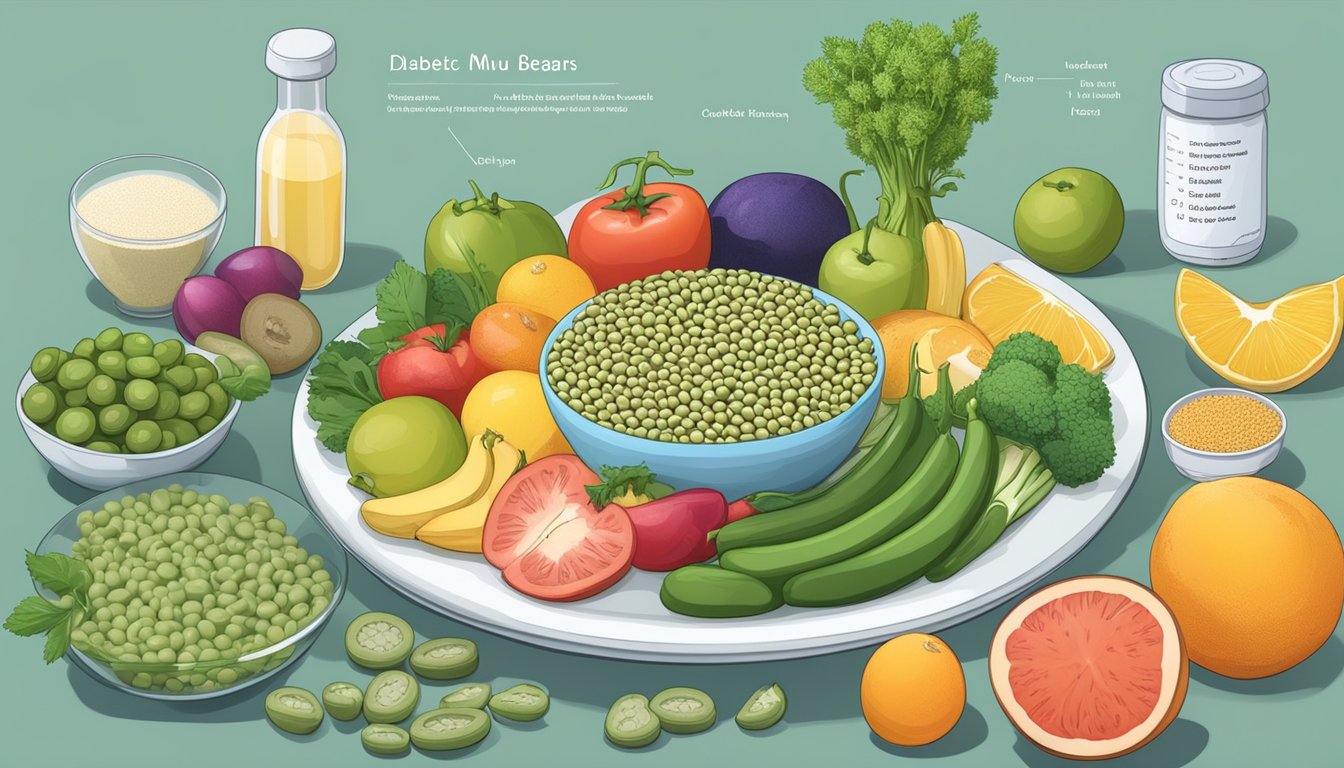 A colorful plate filled with mung beans, surrounded by various fruits and vegetables, with a nutrition label and a diabetic testing kit nearby