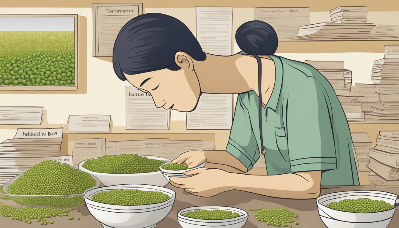 A diabetic person carefully inspecting a bowl of mung beans, surrounded by medical literature and nutritional information