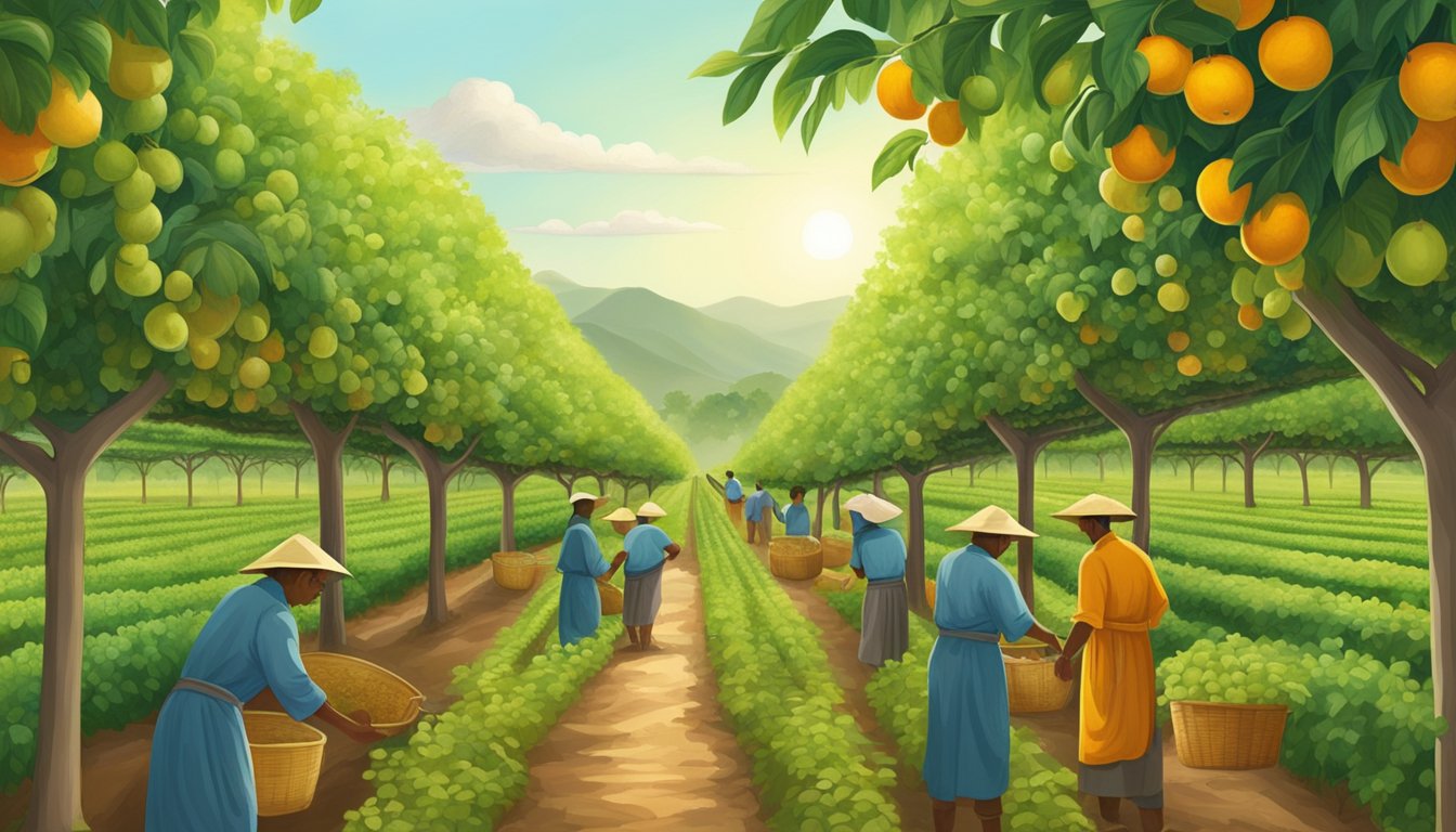 A lush monk fruit orchard with workers using sustainable farming practices