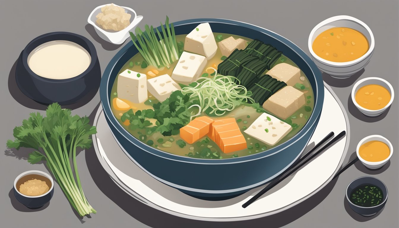 A bowl of miso soup surrounded by various ingredients like tofu, seaweed, and green onions, with a nutritional label showing the macronutrient breakdown