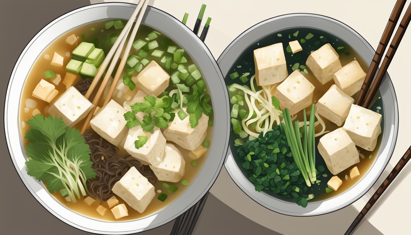 A bowl of miso soup surrounded by various ingredients like tofu, seaweed, and green onions, with a pair of chopsticks resting on the side