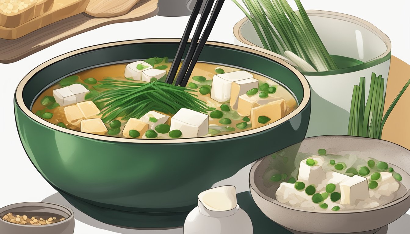 A bowl of miso soup surrounded by its ingredients: miso paste, tofu, seaweed, and green onions