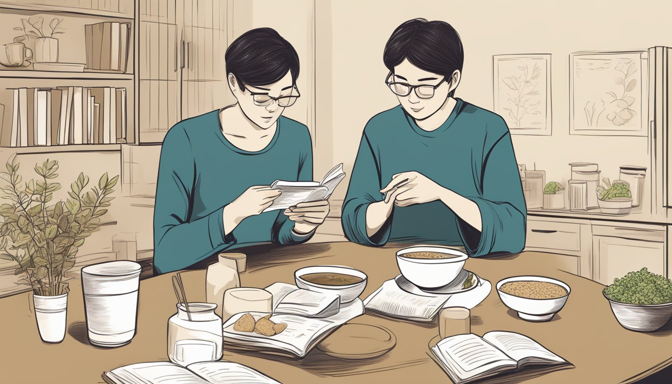 A person with diabetes enjoying a bowl of miso soup while reading a medical journal on the benefits of habitual miso consumption