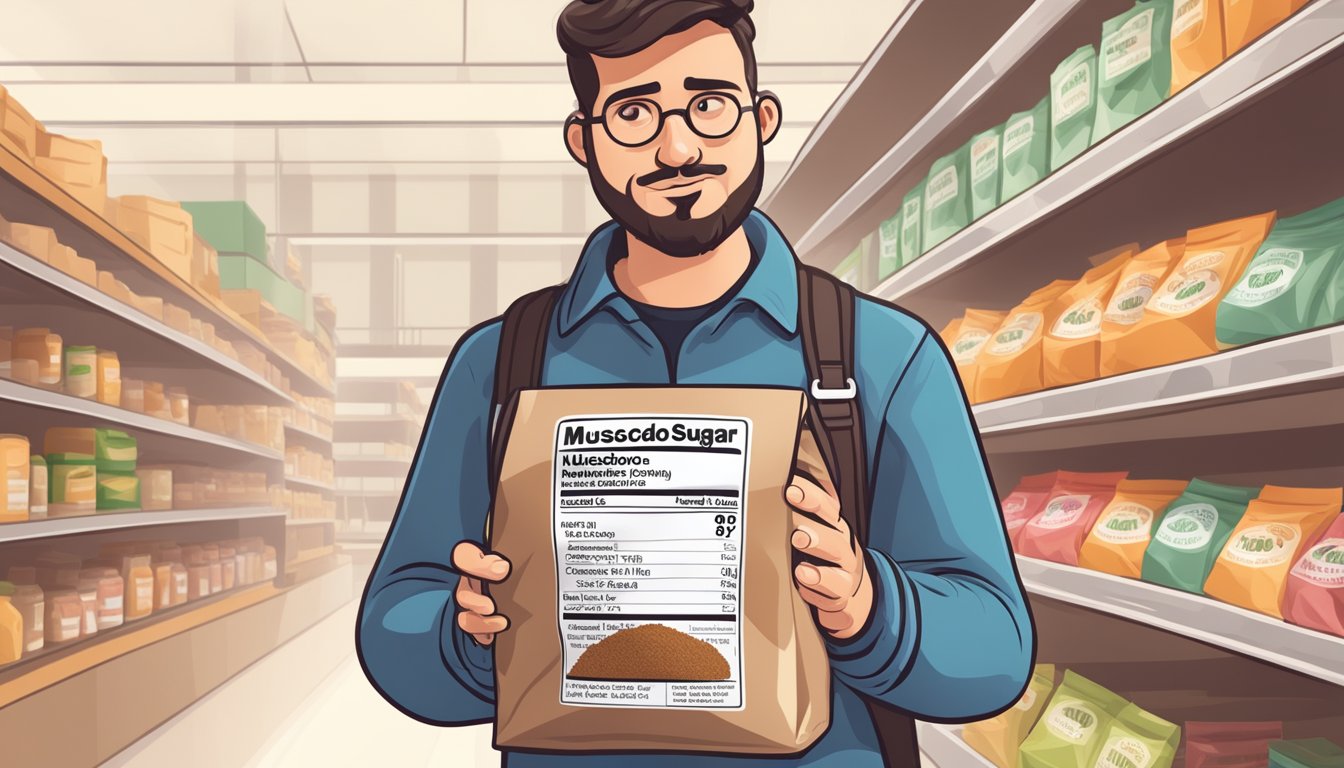 A diabetic person holding a bag of muscovado sugar while looking at a nutrition label and pondering their sugar intake