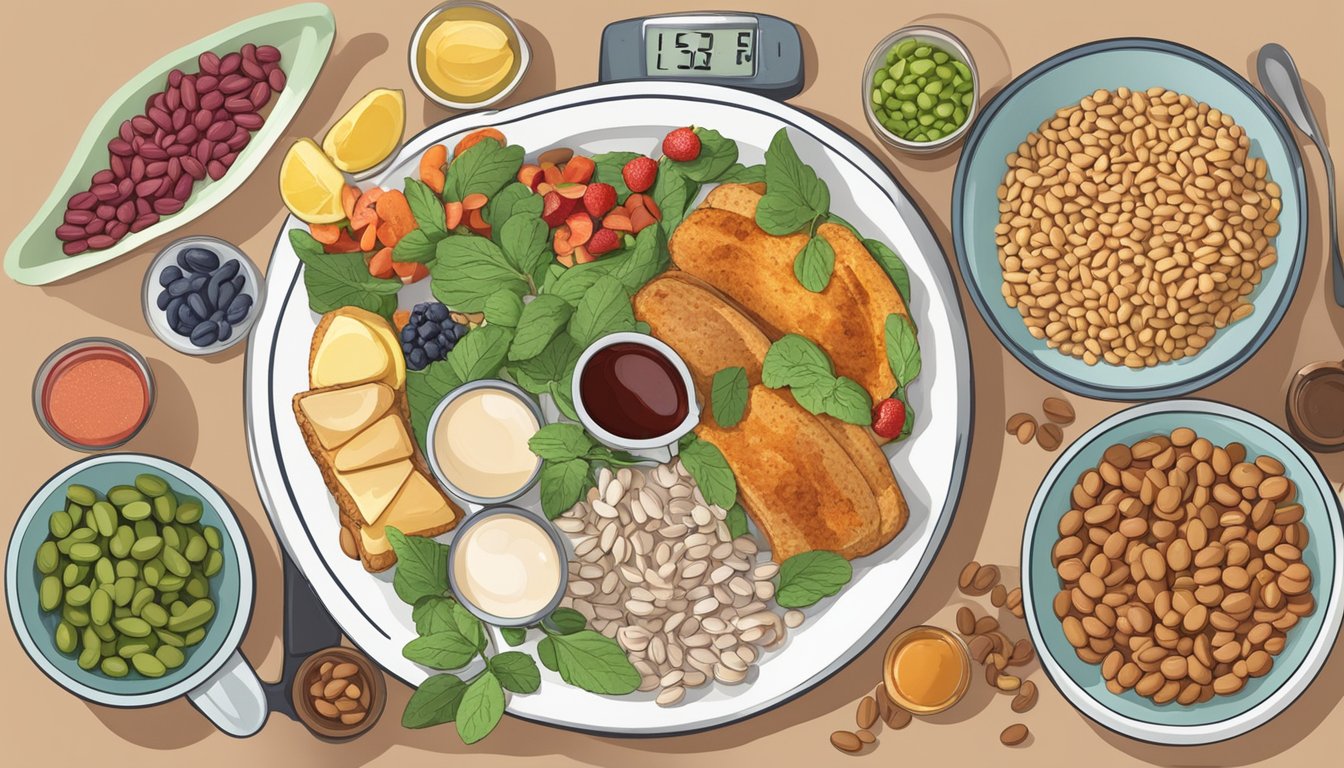 A colorful plate with a variety of foods, including moth beans, surrounded by measuring cups, a blood glucose monitor, and a nutrition label