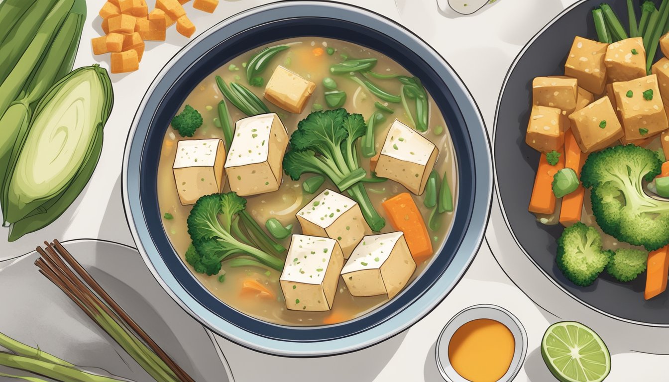 A bowl of miso soup surrounded by various low-glycemic vegetables and tofu, with a diabetic-friendly meal plan in the background