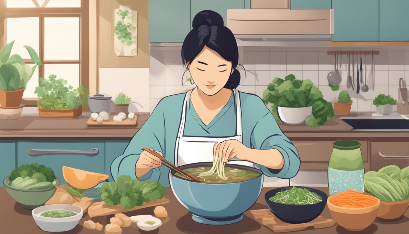 A person with diabetes preparing and enjoying a bowl of miso soup, surrounded by fresh ingredients and a kitchen environment